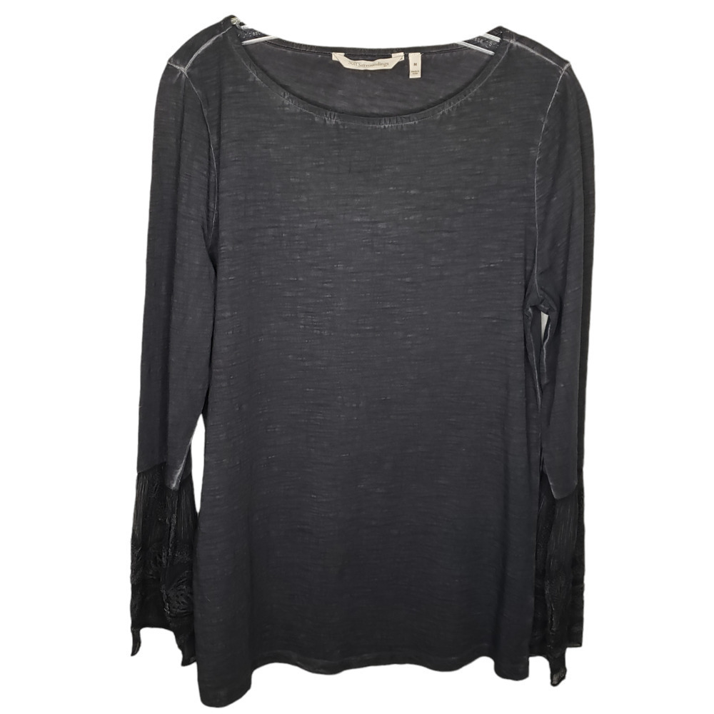 Soft Surroundings womens sz Med Genius Sheer Shirt Bell Sleeve gray black 2AT46